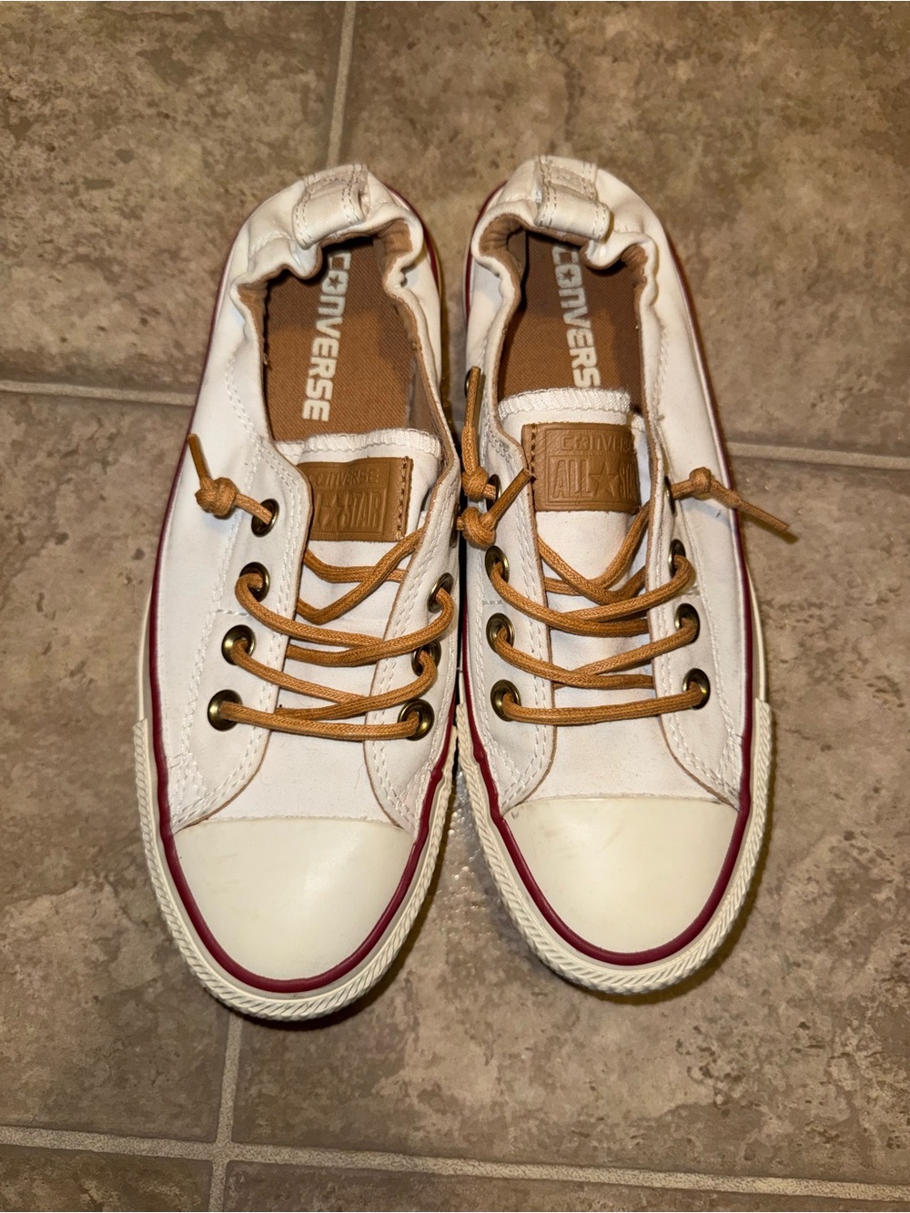 Women’s Converse White Low-Top Sneakers with Tan Laces and Red Sole Trim